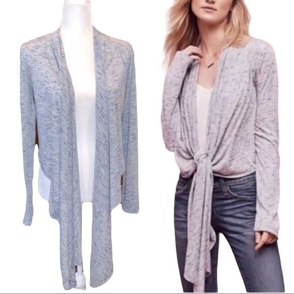 ANTHROPOLOGIE Cascadia Gray/Blue Marled Knit Cardigan Waterfall Front Sz S - Picture 9 of 12